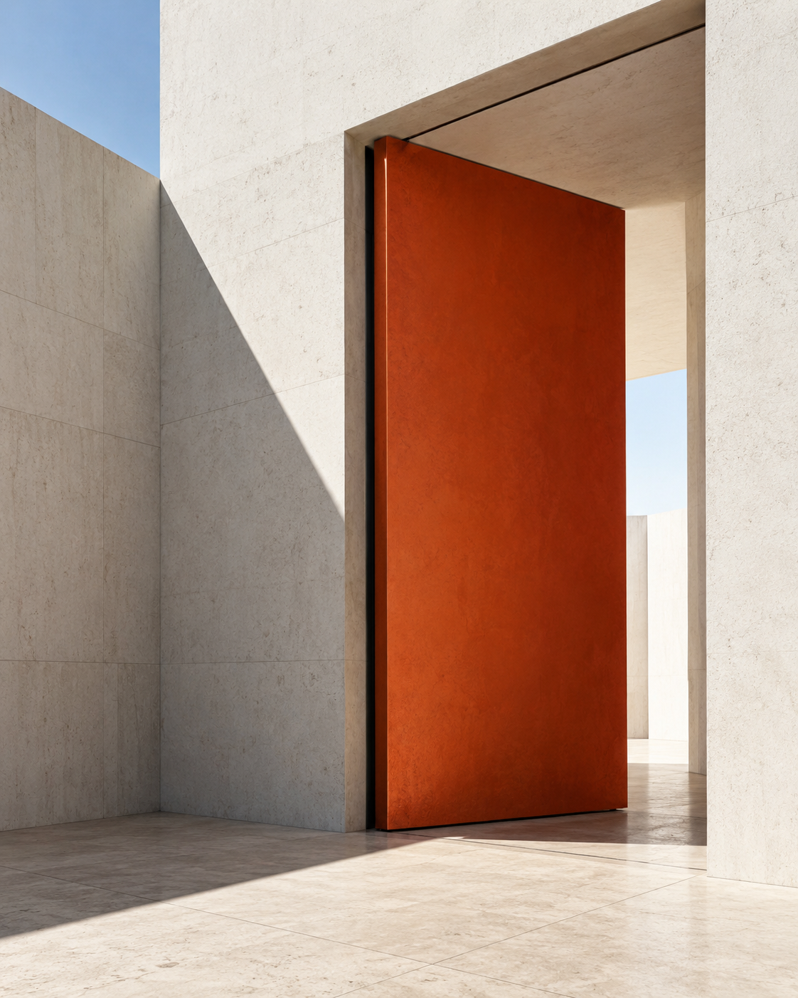 A vermilion architectural door opening into a bright passage.
